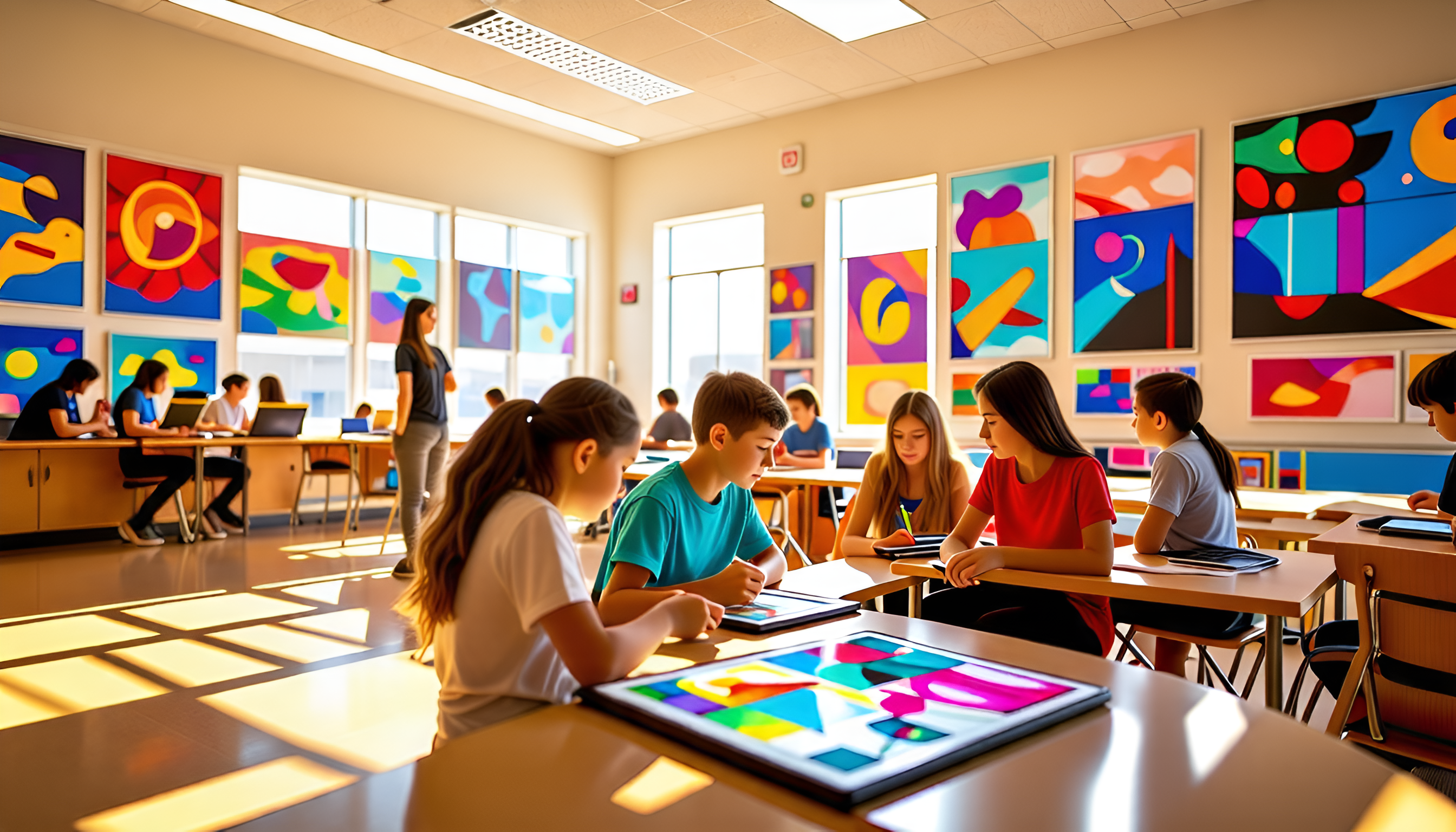 AI in Education （Image Description: Students using AI art generators in a classroom setting）