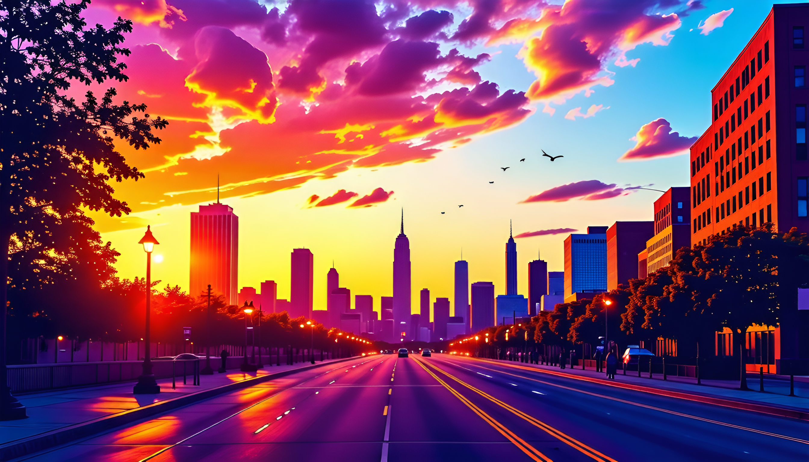 A city sunset image generated by an AI art generator