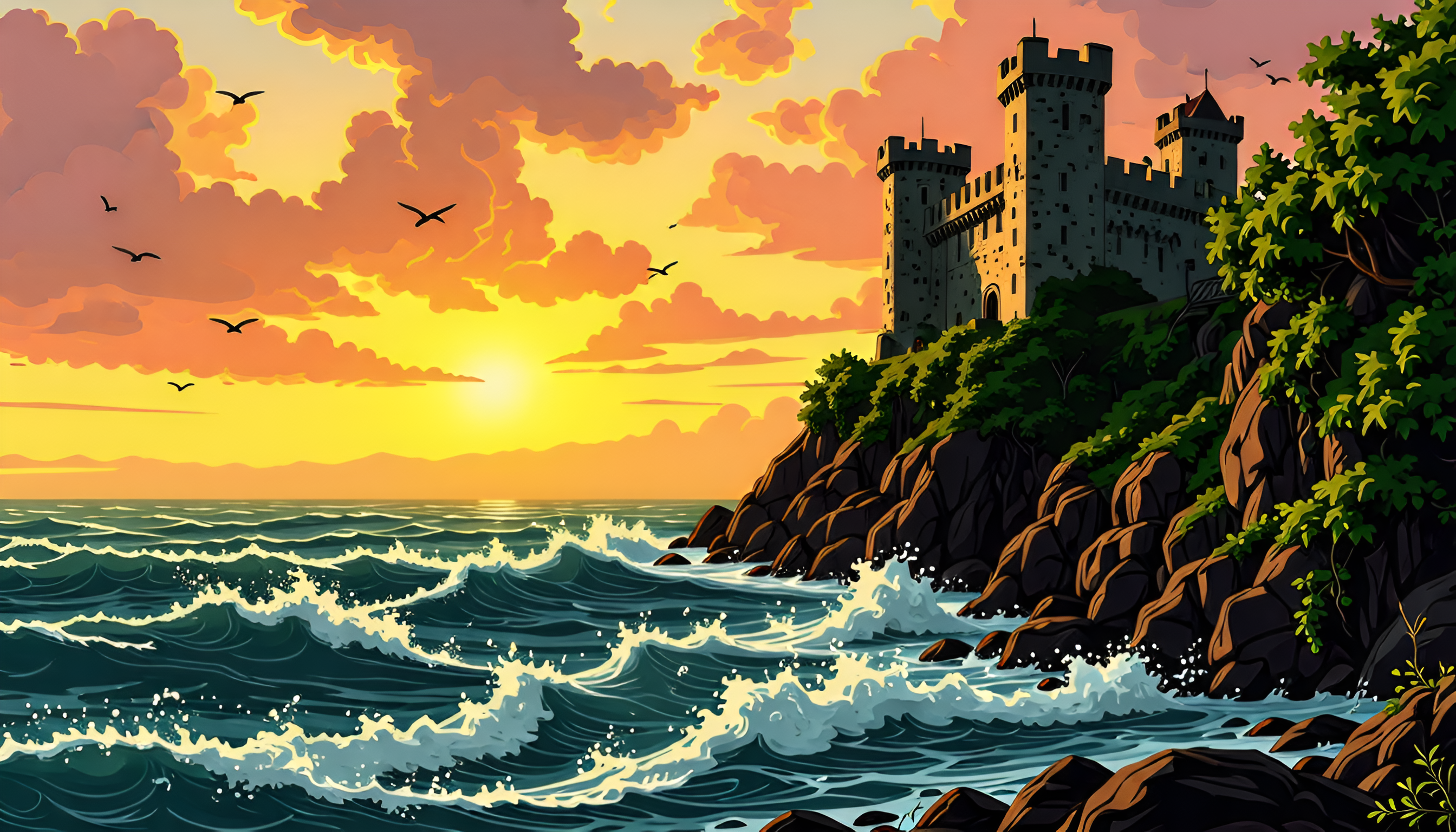 AI-Generated Art （Image Description: An AI-generated artwork of a seaside castle）